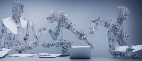 AI image of robots writing resume